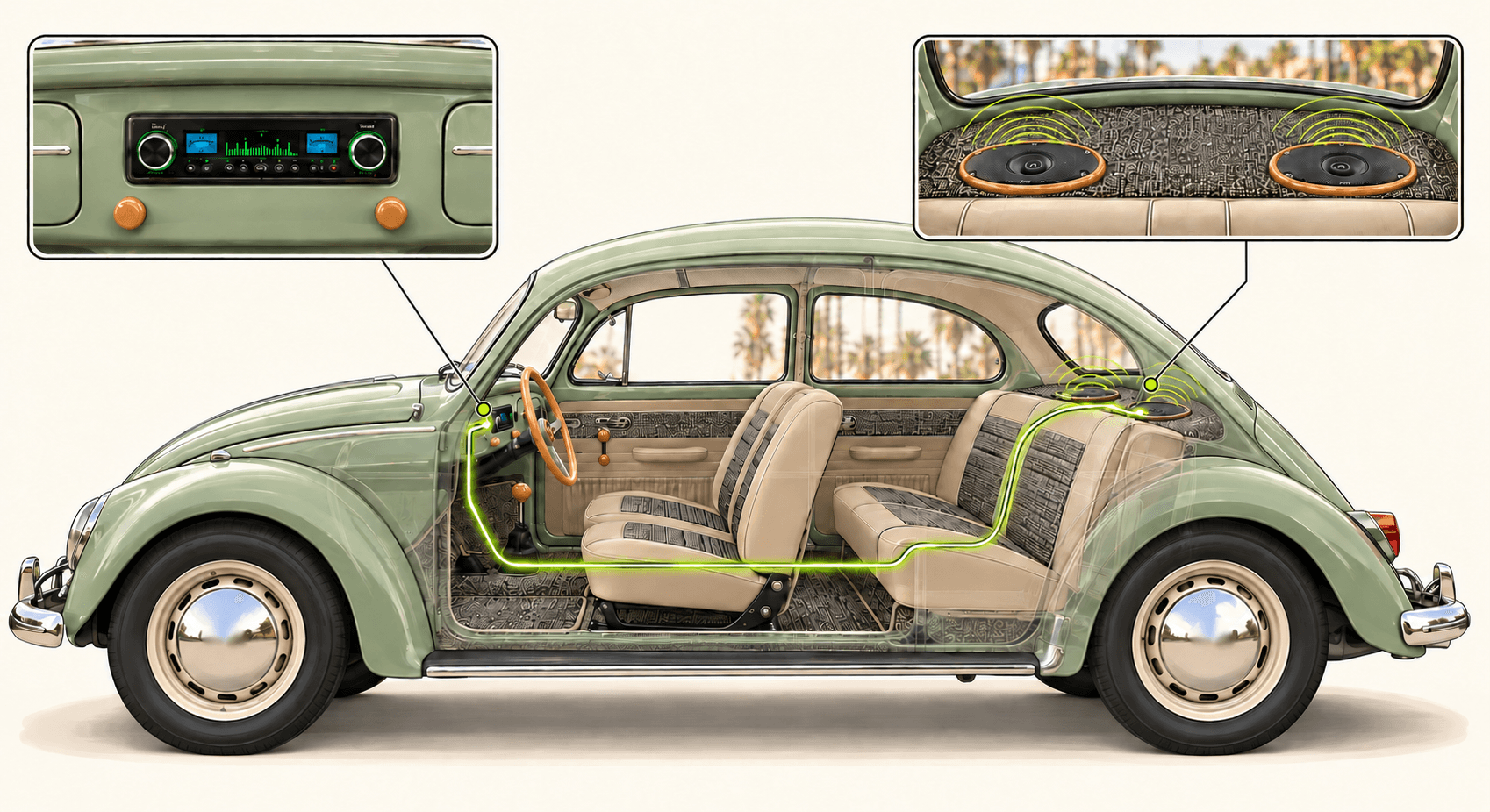 Cutaway schematic of the Bug: the compact head unit in the center of the dash, wiring run back under the seats, and two four-way 6×9 speakers on the rear parcel shelf