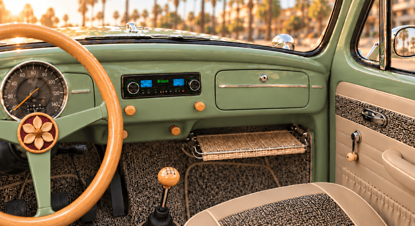 Pistachio dash with a compact McIntosh head unit in the center, a woven parcel carrier, an ivory steering wheel and salt-and-pepper upholstery