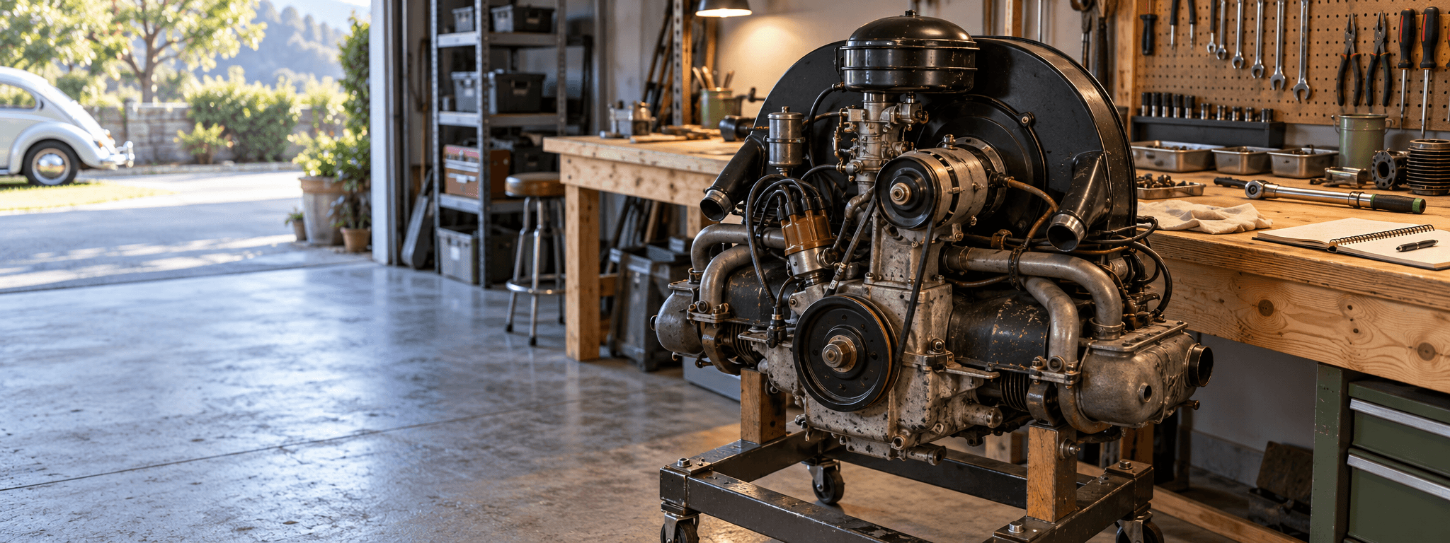An air-cooled VW engine on a rolling stand beside the workbench, with the pistachio Bug parked outside the open garage door