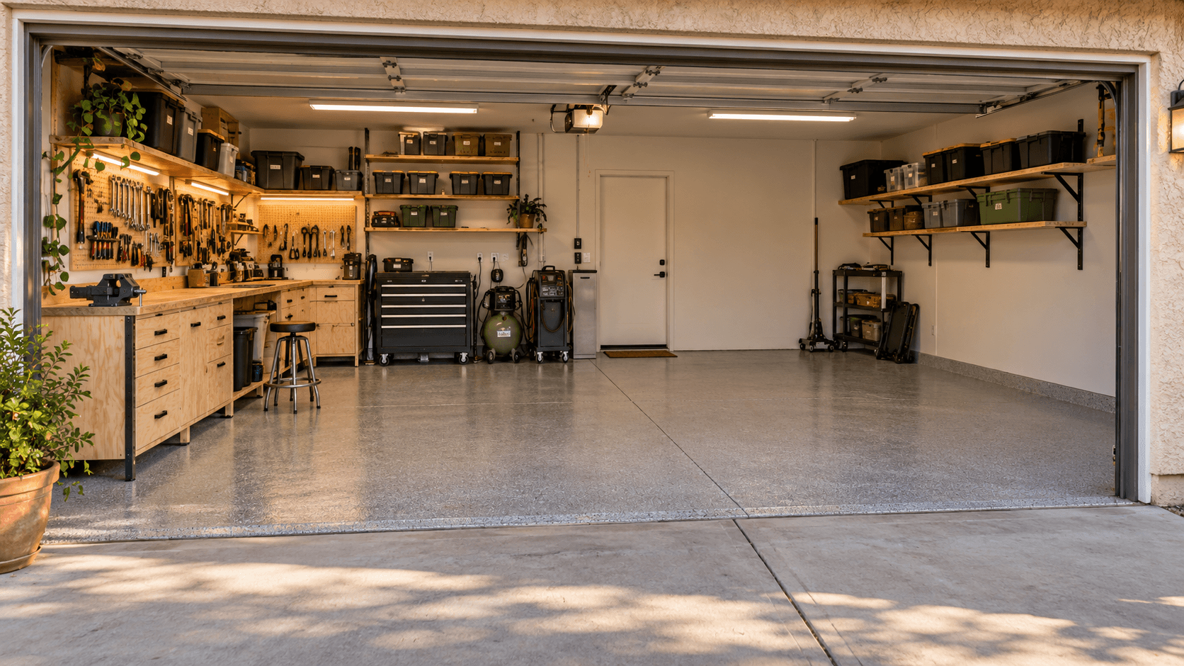 A clean two-car garage with a coated floor, wall storage, a workbench, shop lights and a compressor, ready before the car arrives
