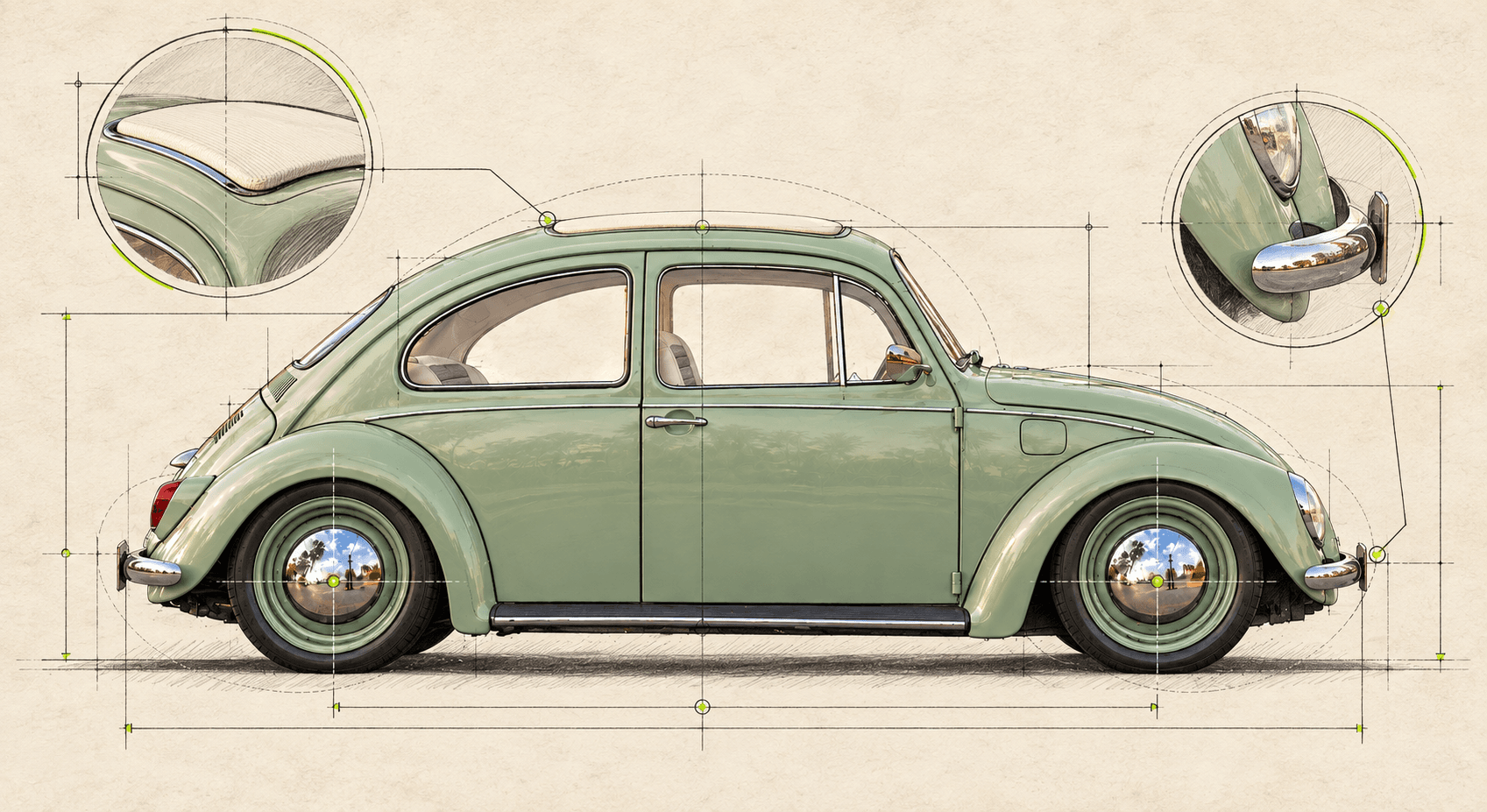 Side schematic of the stock-body Bug with dimension lines: plain door skins, separate fenders, running boards and chrome dome caps