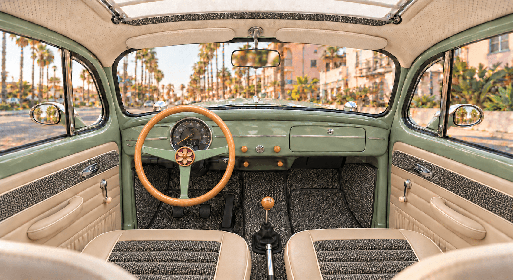 Period interior with pistachio painted metal, beige upholstery, salt-and-pepper woven inserts and matching loop carpet
