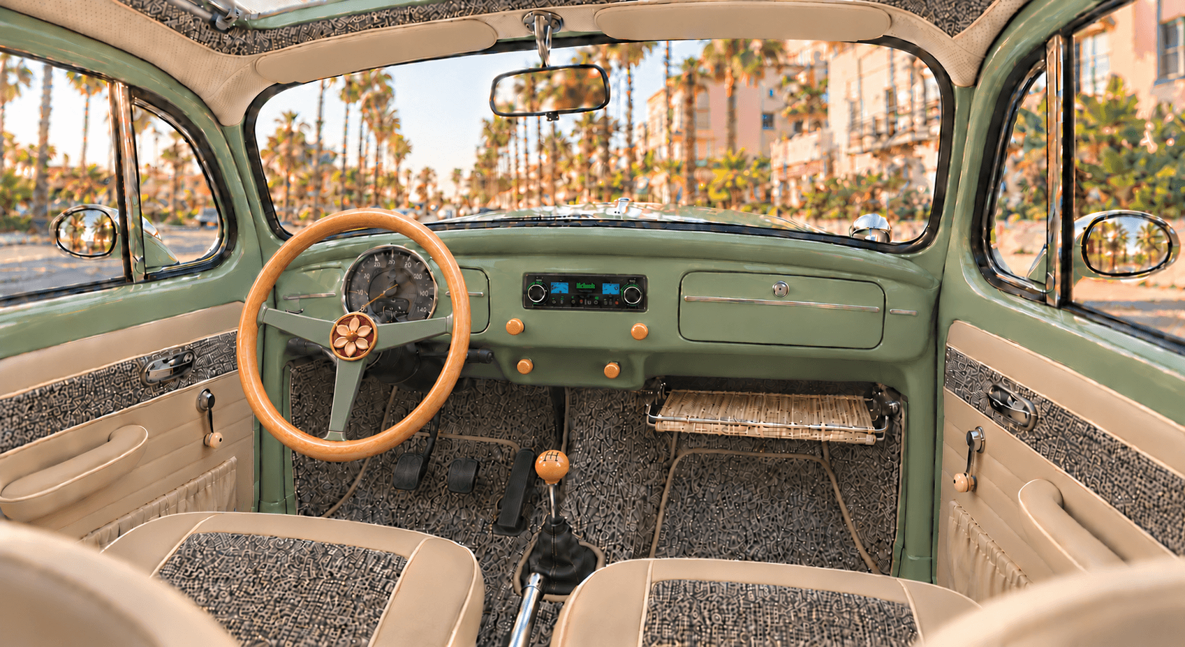 Pistachio dash with a compact McIntosh head unit flush in the central radio position and a woven passenger parcel carrier