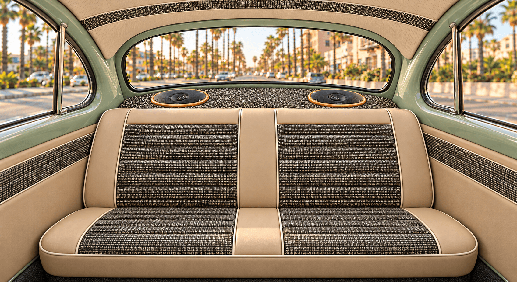 The full beige rear bench with salt-and-pepper inserts, matching side panels and twin four-way 6×9 speakers on the carpeted parcel shelf
